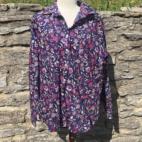 LANDS' End Navy Blue & Floral Casual Long Sleeve Button Down Top Size 18 T300 - Picture 3 of 6